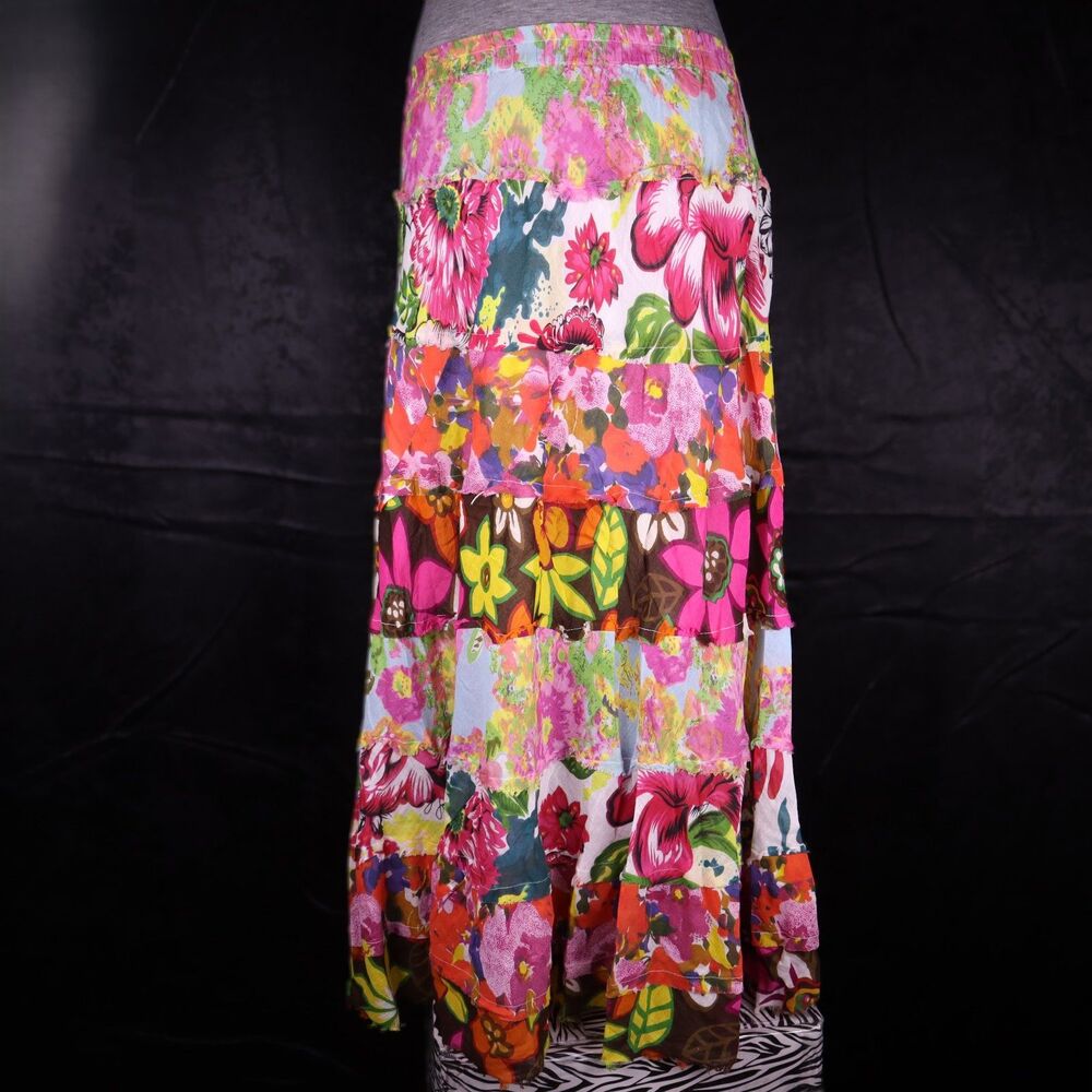 Vintage Boho Floral Patchwoork Teired Maxi Skirt M 100% Cotton Hippie Festival